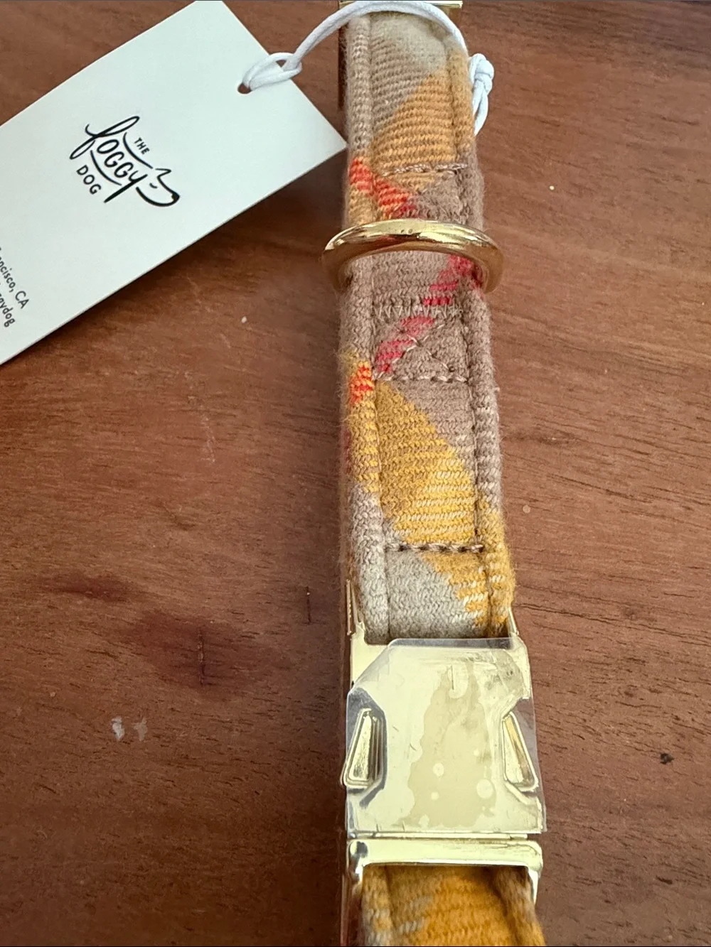 The Foggy Dog Beige Plaid Dog Collar with Gold Hardware